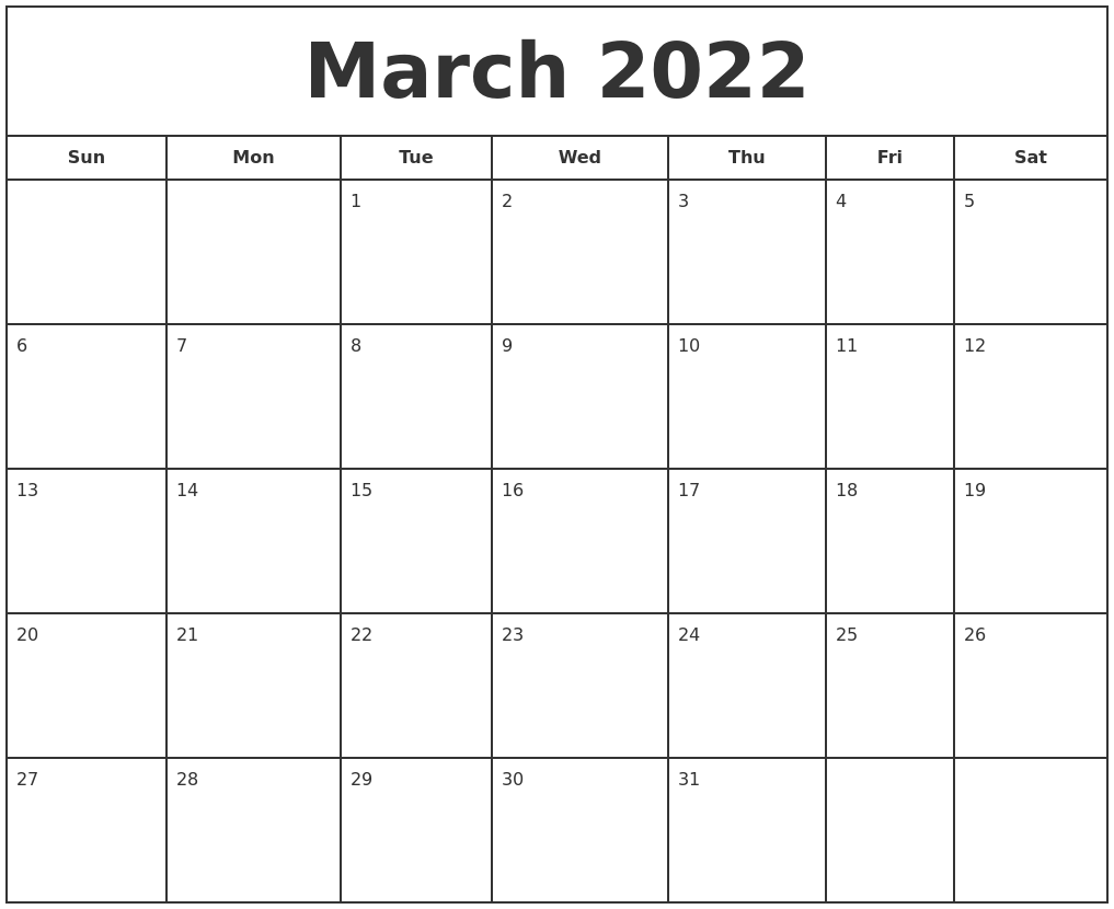March 2022 Print Free Calendar