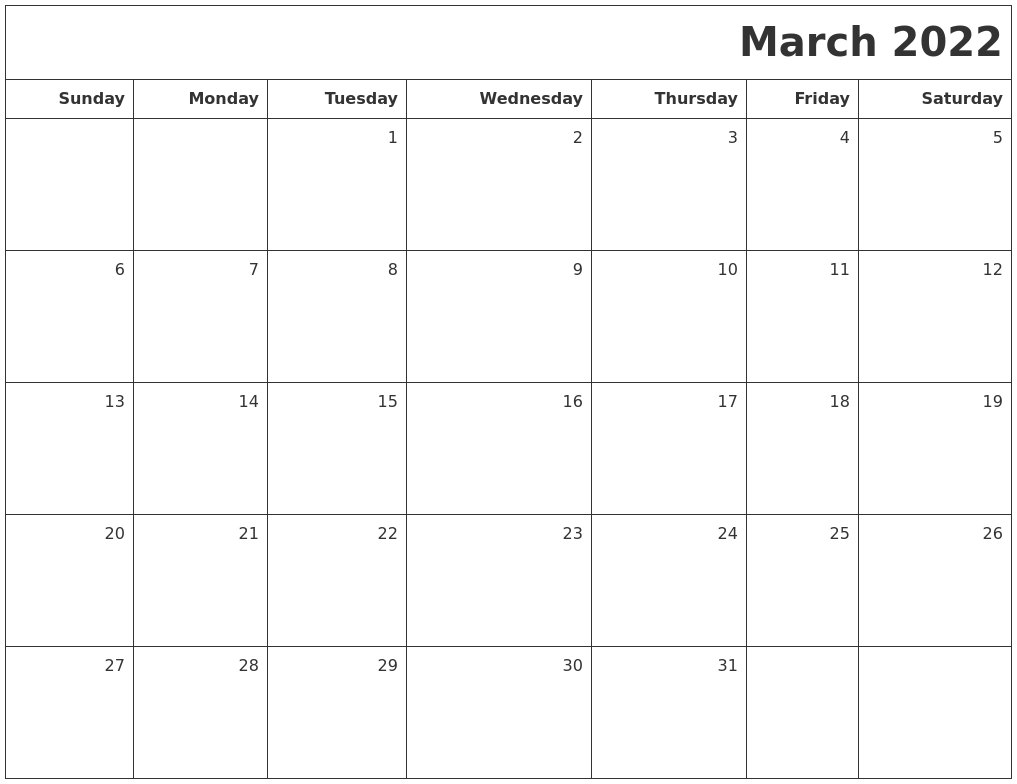 March 2022 Printable Blank Calendar