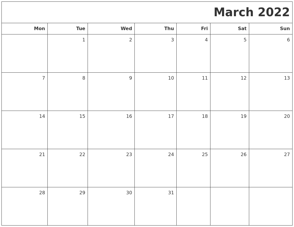 March 2022 Printable Blank Calendar