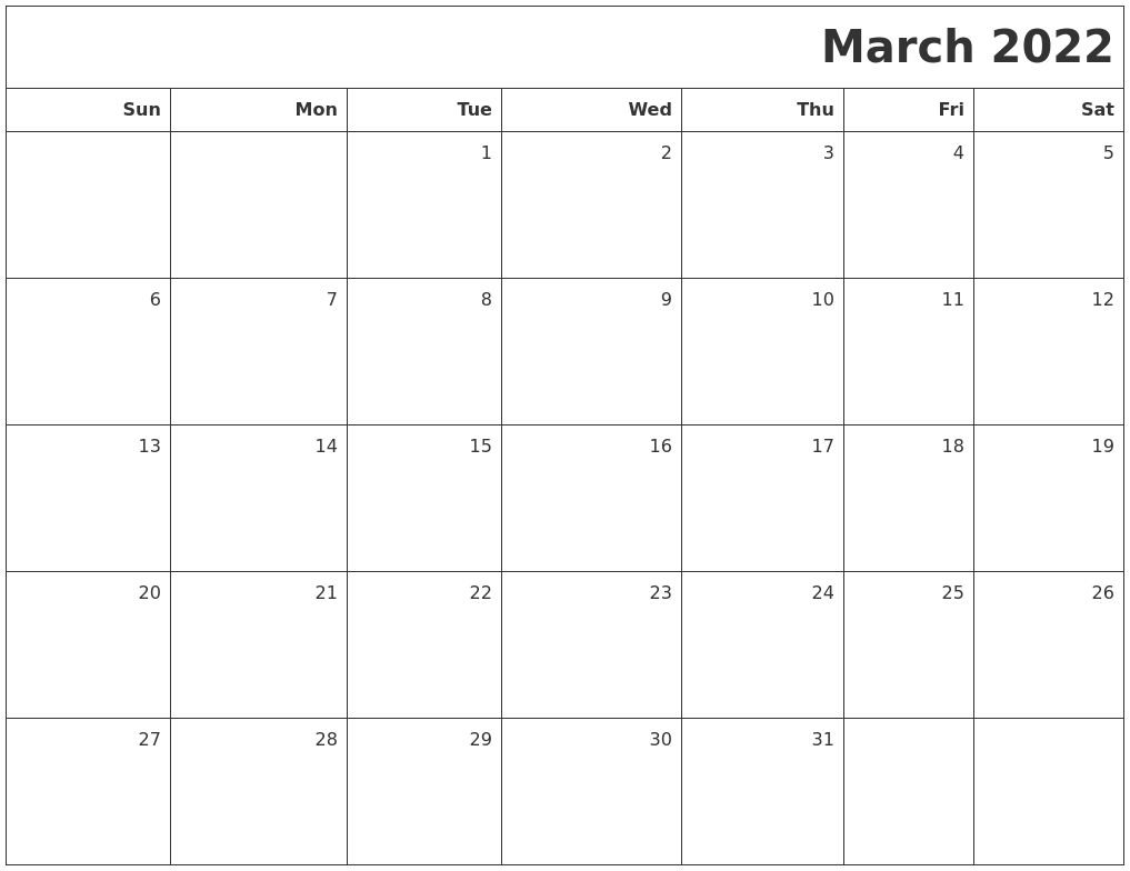 March 2022 Printable Blank Calendar March 2022 Printable Blank Calendar