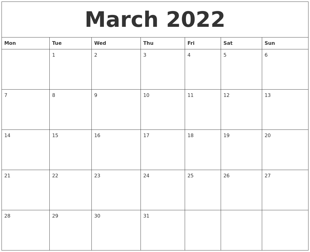 March 2022 Printable Calander