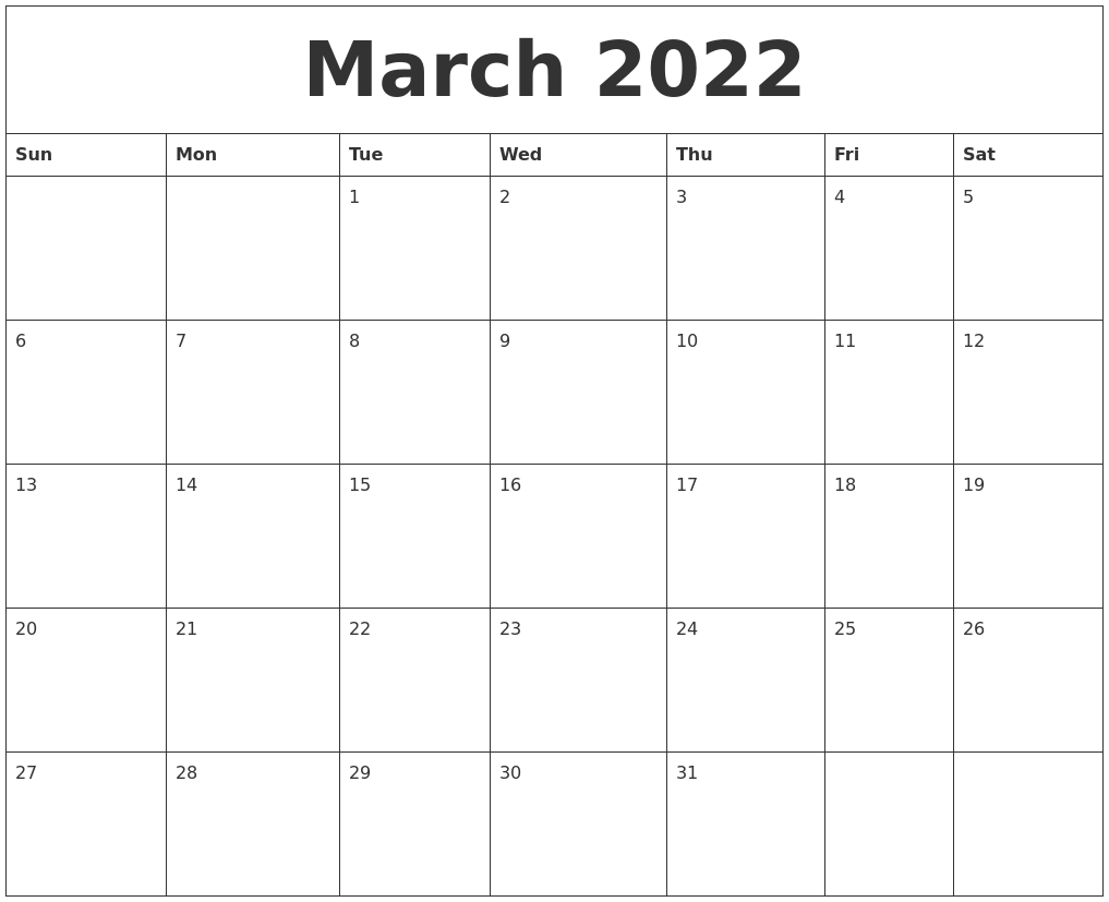 March 2022 Printable Calander