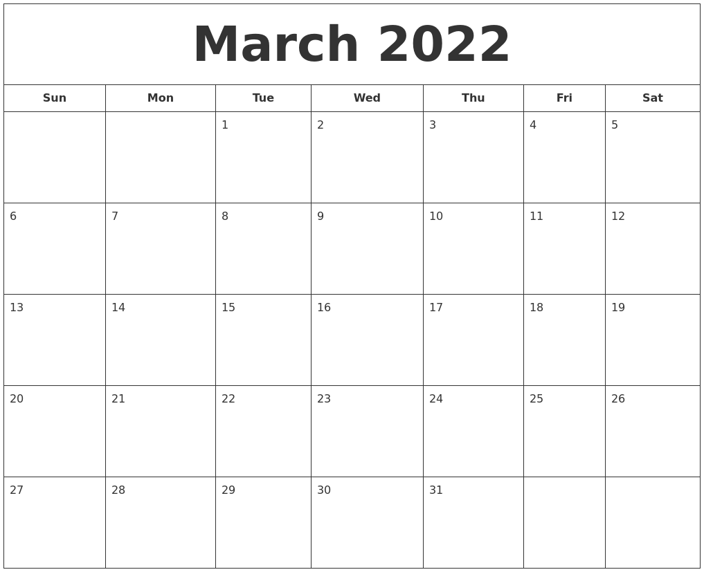 March 2022 Printable Calendar