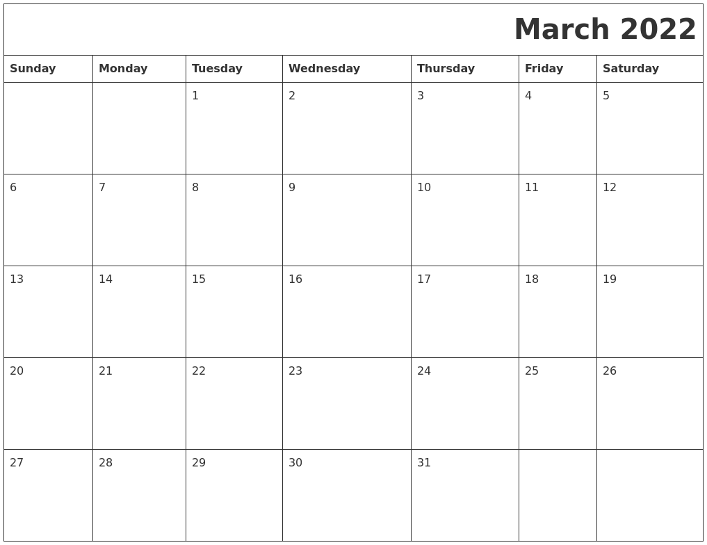 March 2022 Printable Calender