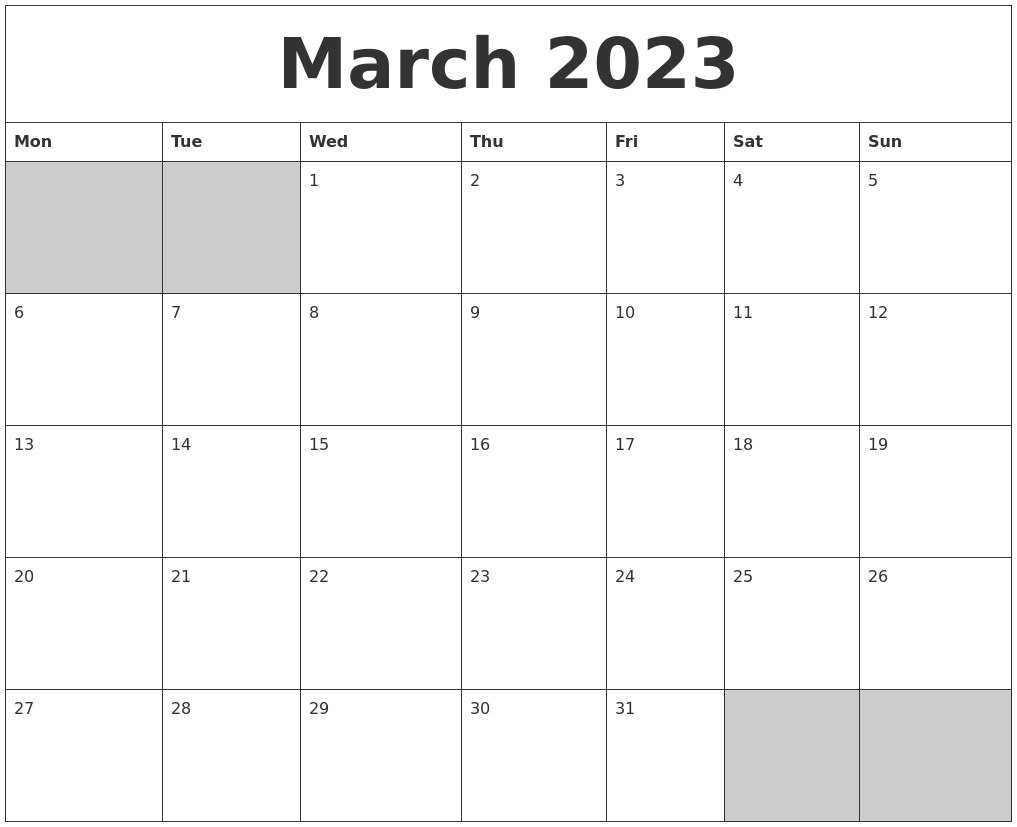 March 2023 Blank Printable Calendar