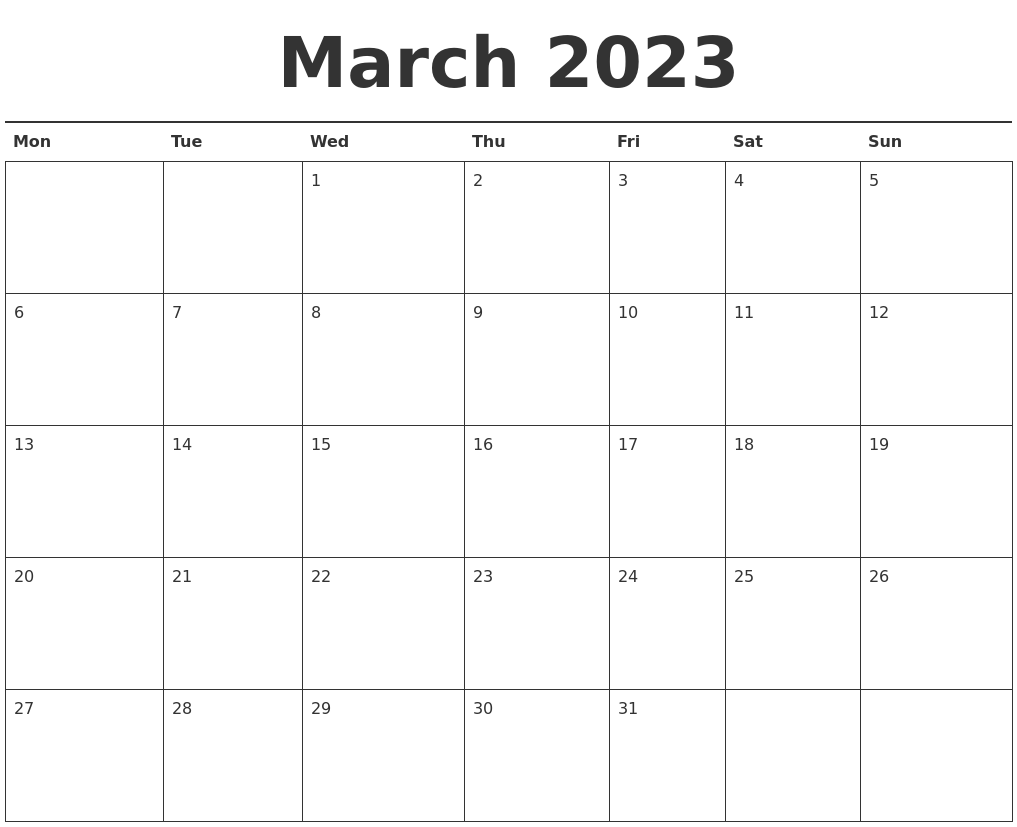 March 2023 Calendar Printable