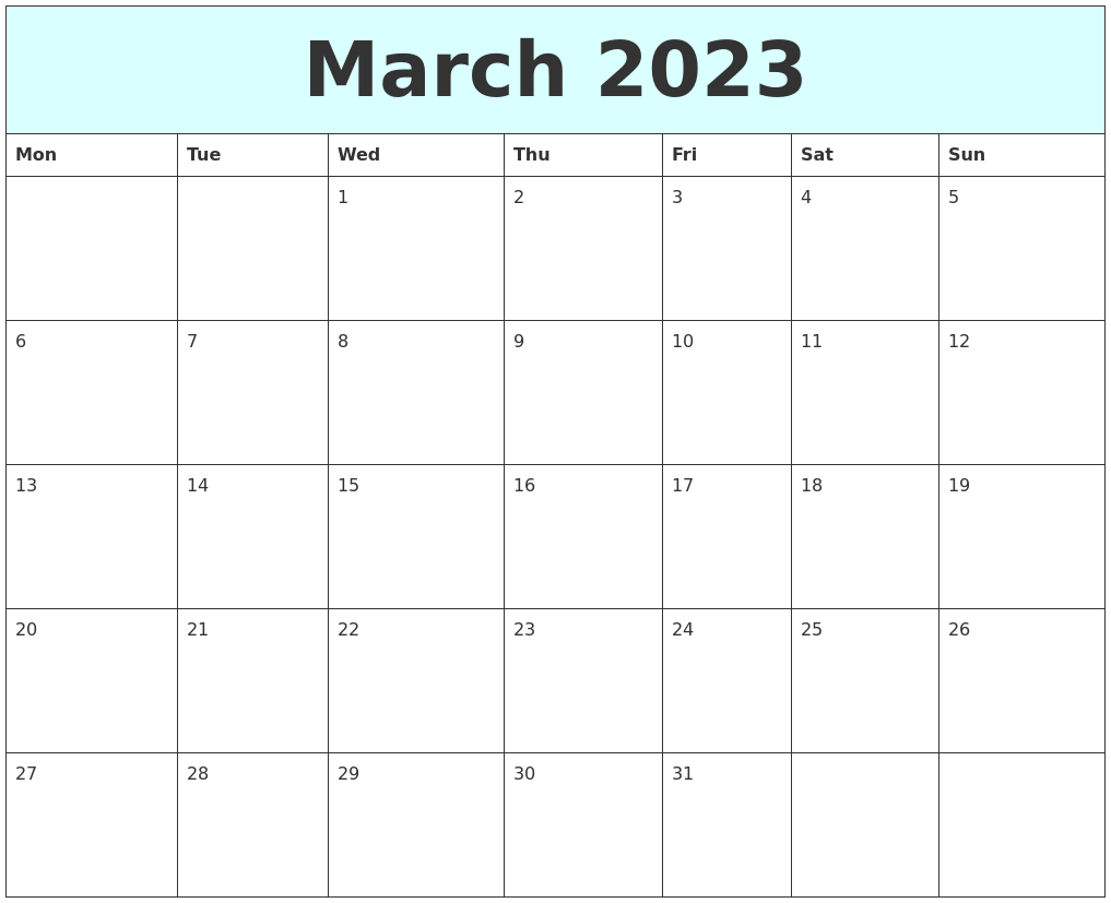 March 2023 Free Calendar March 2023 Free Calendar