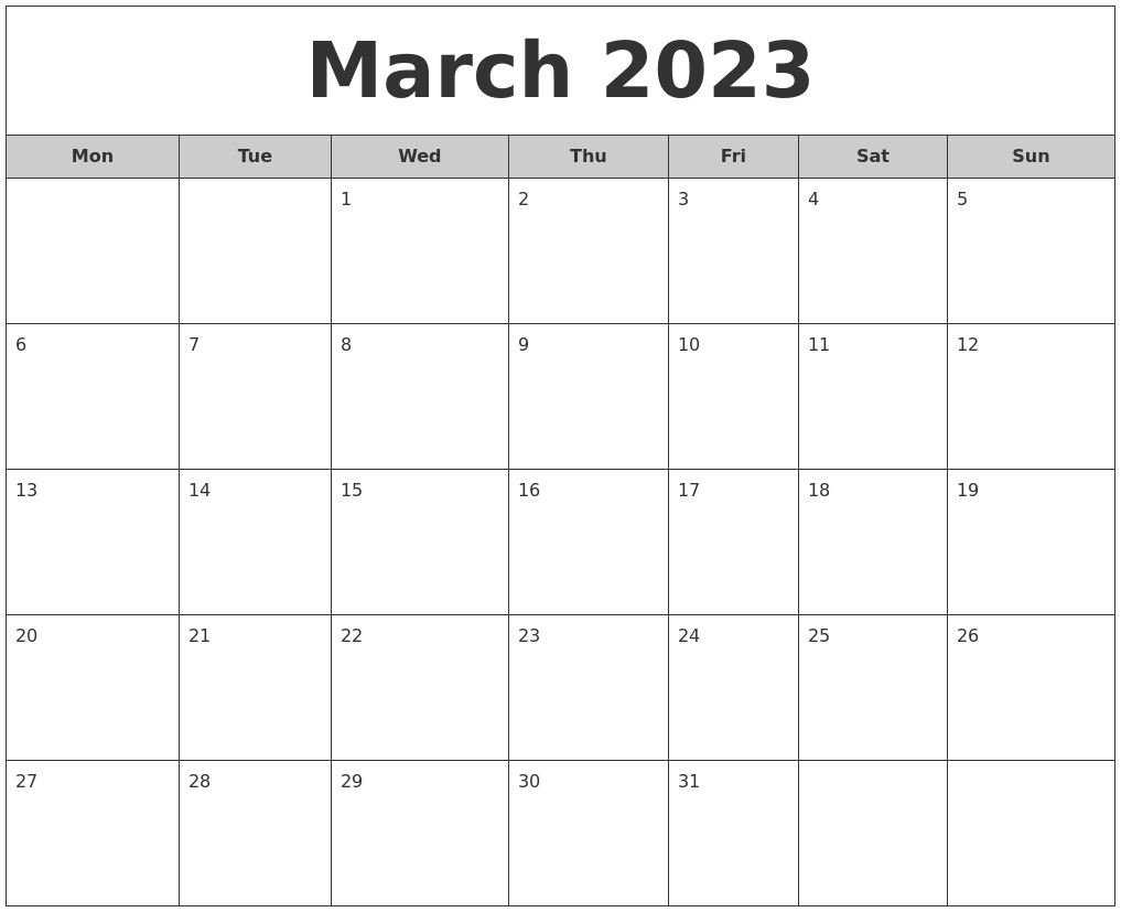 March 2023 Free Monthly Calendar