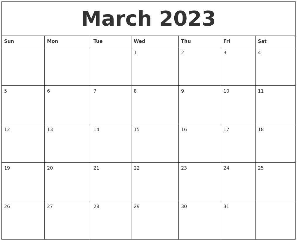 March 2023 Month Calendar Template
