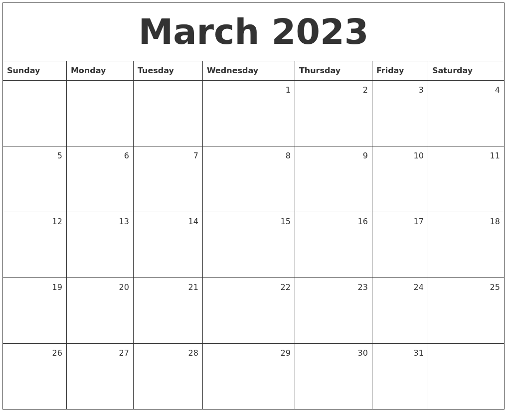 March 2023 Monthly Calendar