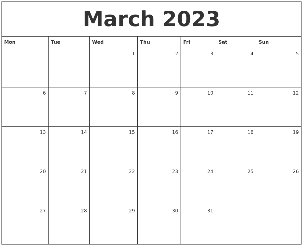 March 2023 Monthly Calendar