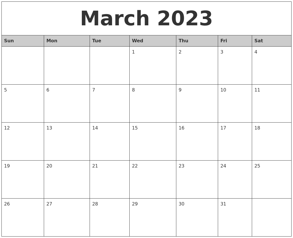 March 2023 Monthly Calendar Printable