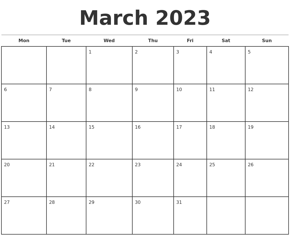 March 2023 Monthly Calendar Template