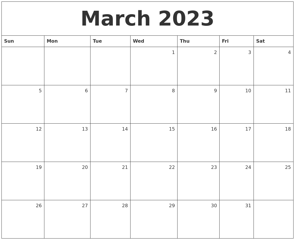 March 2023 Monthly Calendar