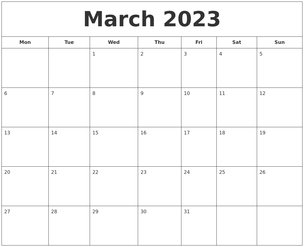 March 2023 Printable Calendar