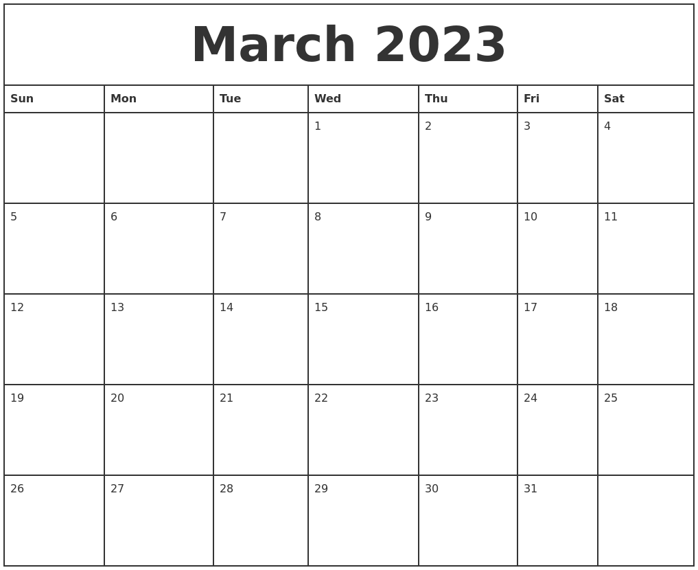 March 2023 Printable Monthly Calendar