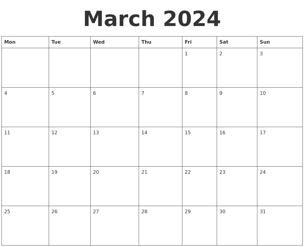 March 2024 Blank Calendar Template