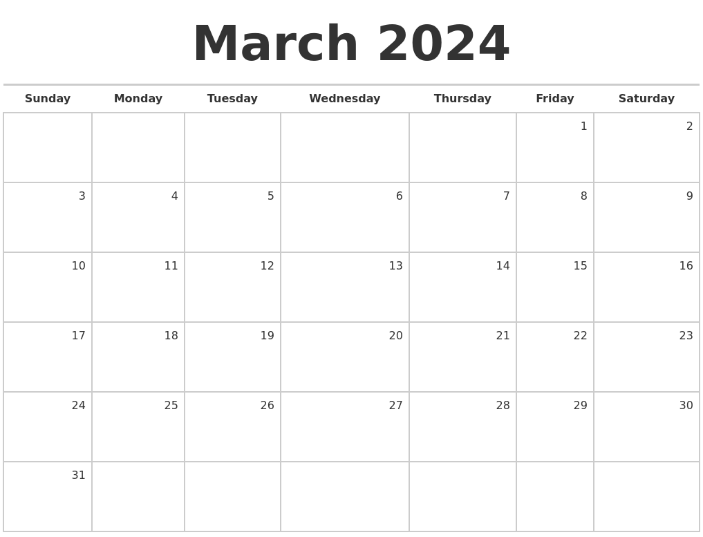 March 2024 Blank Monthly Calendar