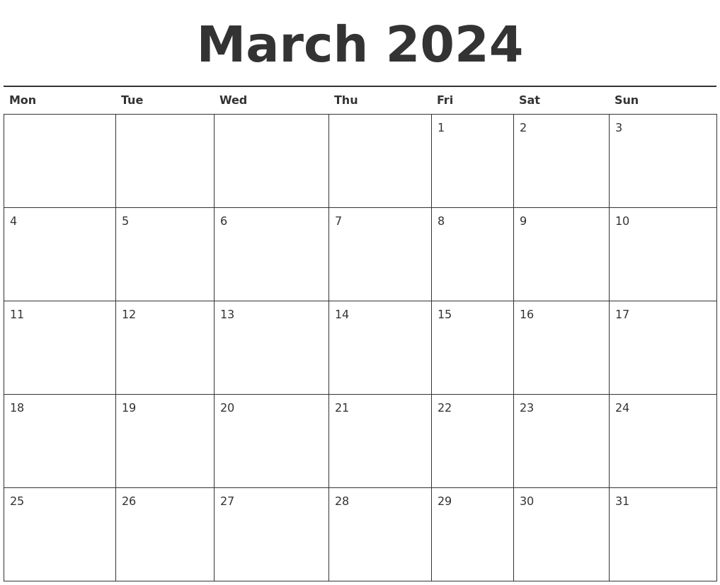 March 2024 Calendar Printable March 2024 Calendar Printable