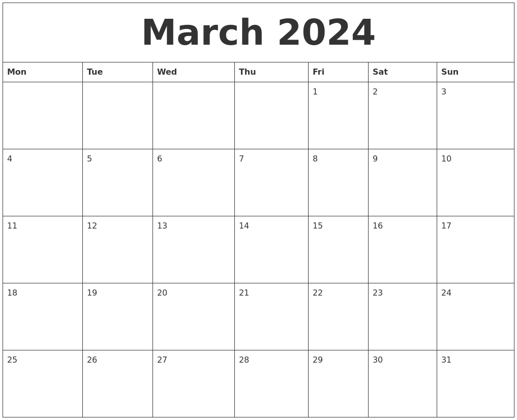 March 2024 Free Calendar Printable
