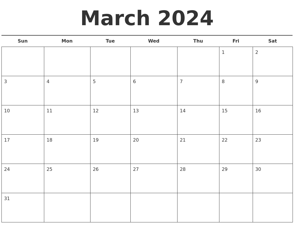 March 2024 Free Calendar Template