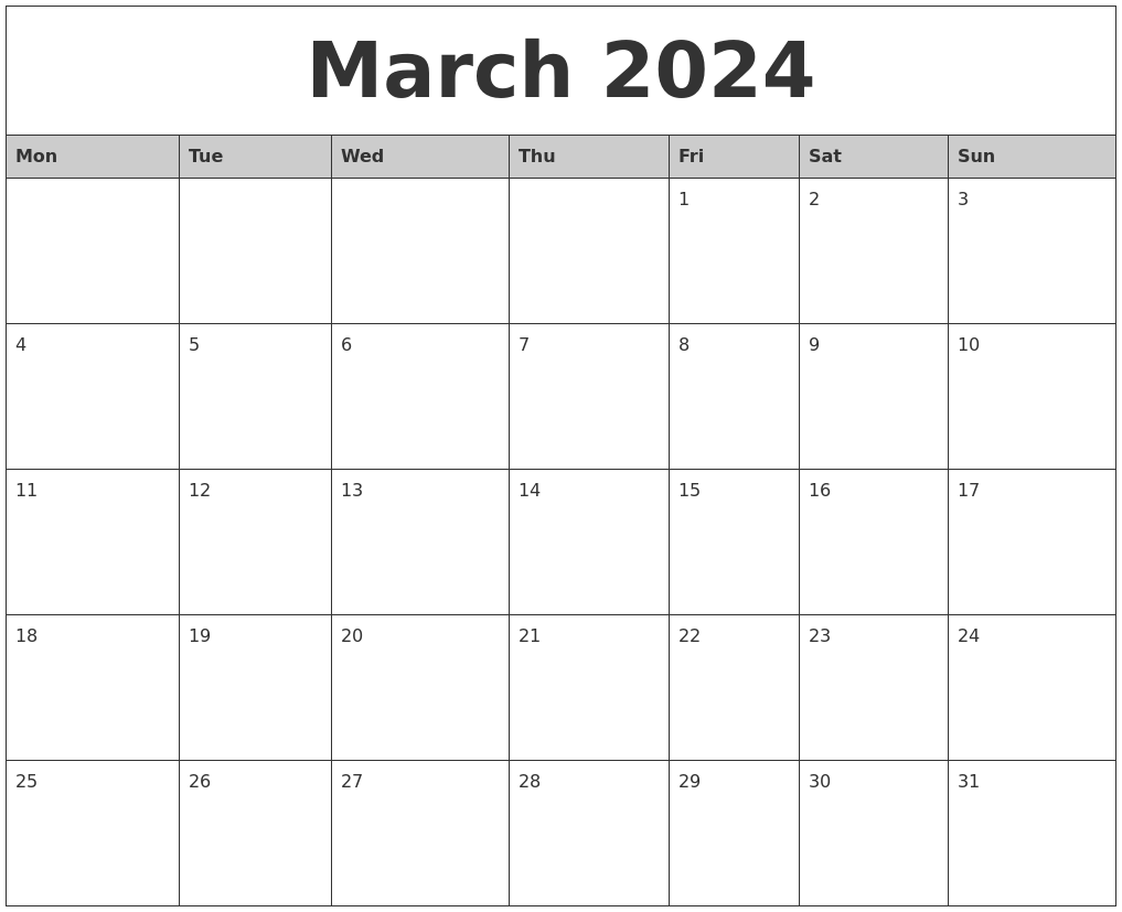 March 2024 Monthly Calendar Printable