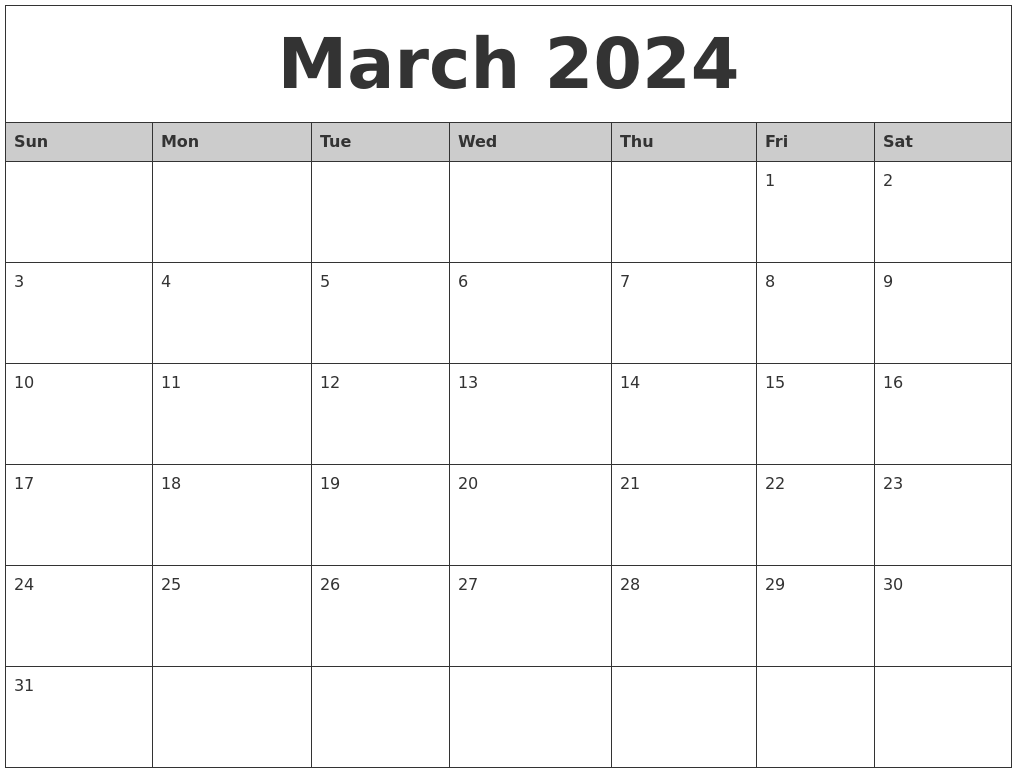 March 2024 Monthly Calendar Printable