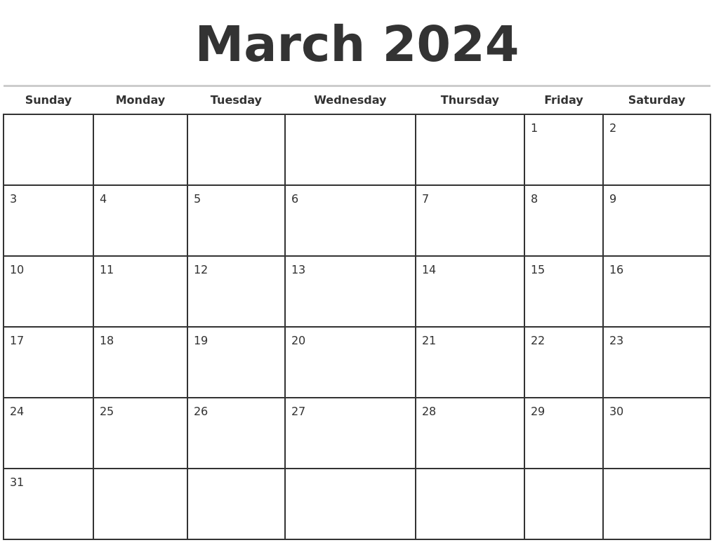 March 2024 Monthly Calendar Template