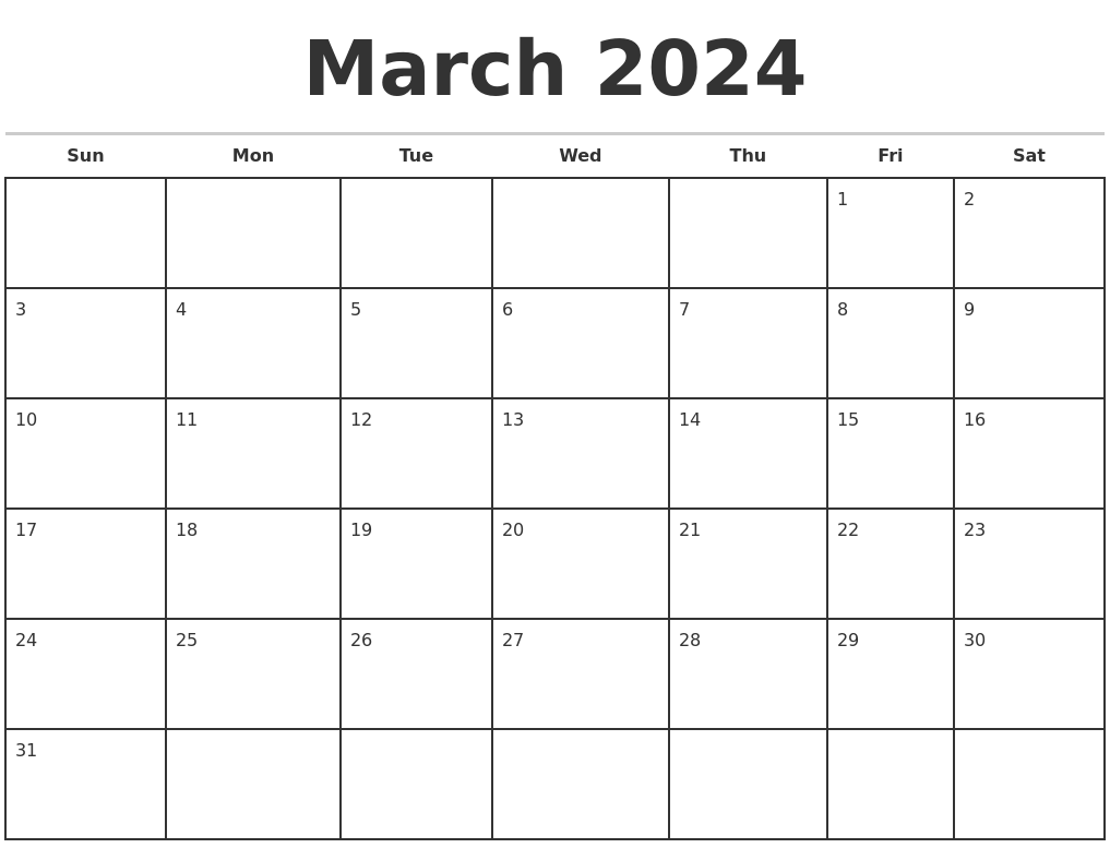 March 2024 Monthly Calendar Template