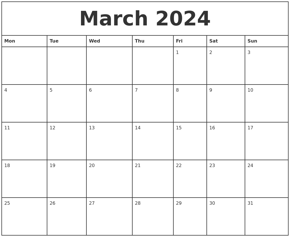 March 2024 Printable Monthly Calendar