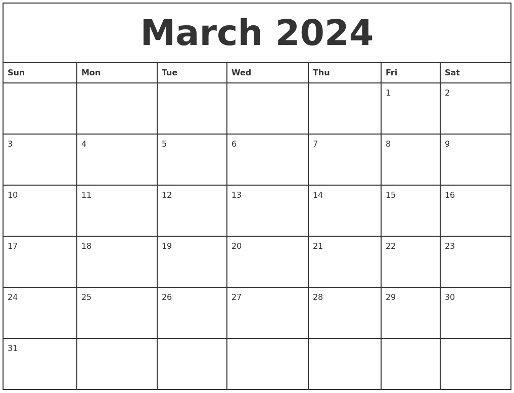 March 2024 Printable Monthly Calendar