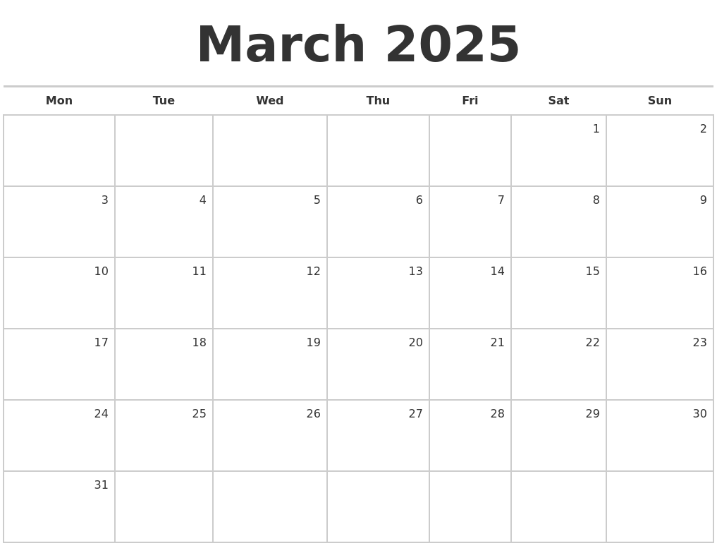 March 2025 Blank Monthly Calendar