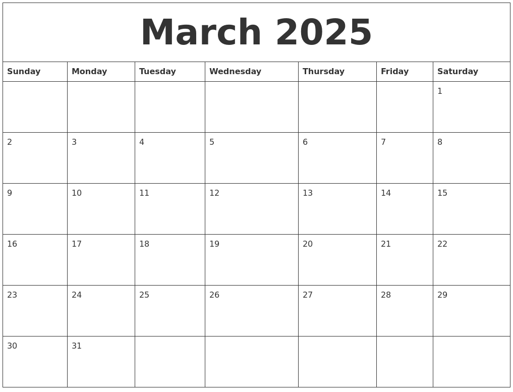 March 2025 Blank Monthly Calendar Template