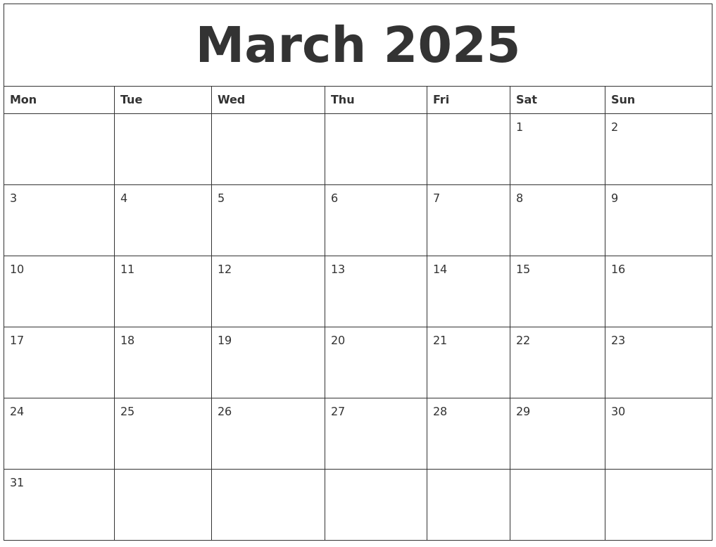 March 2025 Calendar Month
