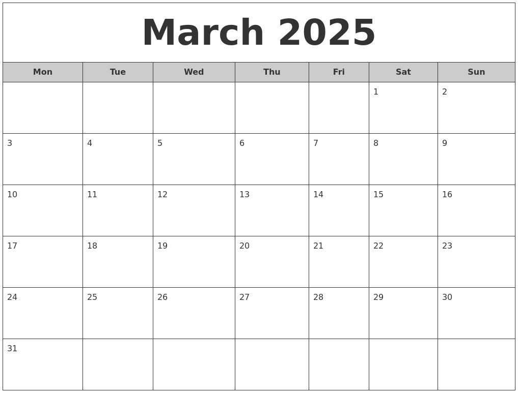 March 2025 Free Monthly Calendar