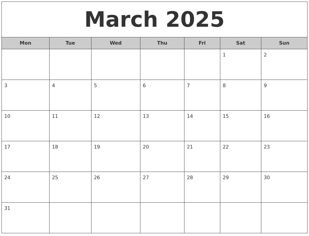 Calendar Of 2025 March