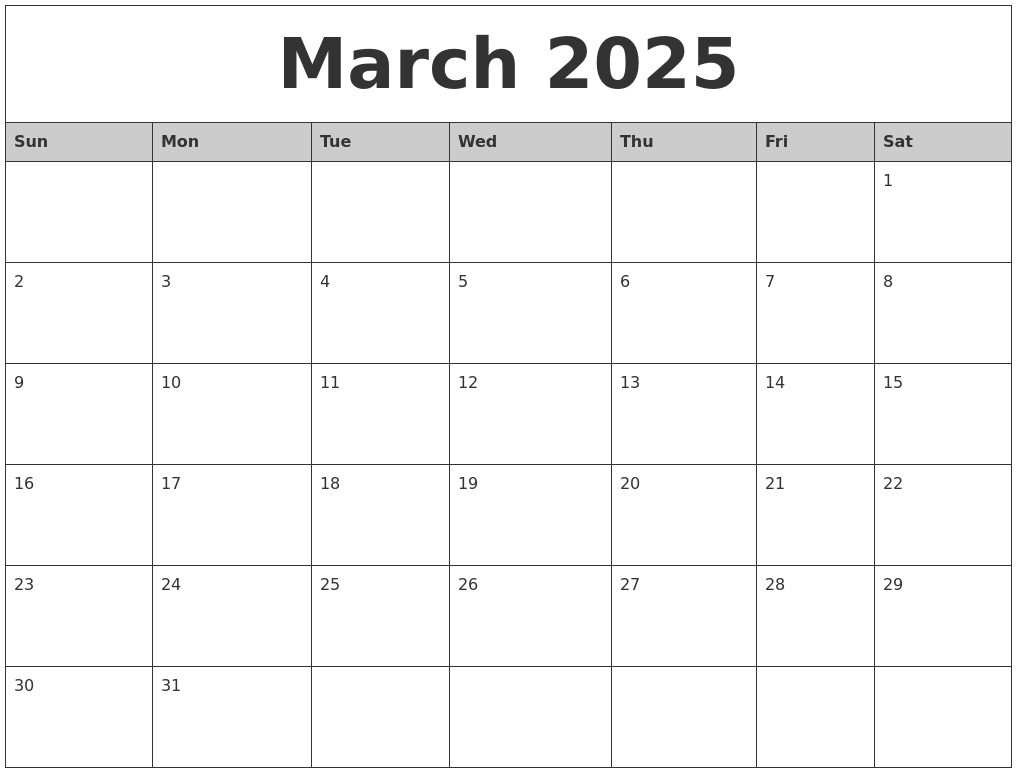 March 2025 Monthly Calendar Printable