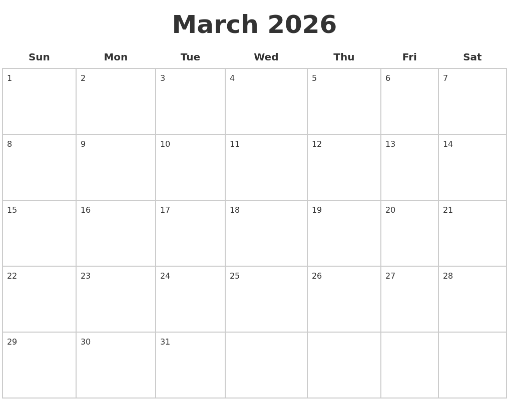 March 2026 Blank Calendar Pages