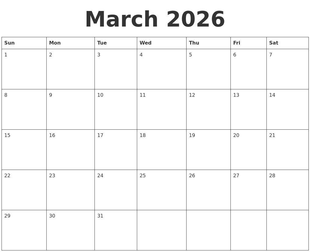 March 2026 Blank Calendar Template