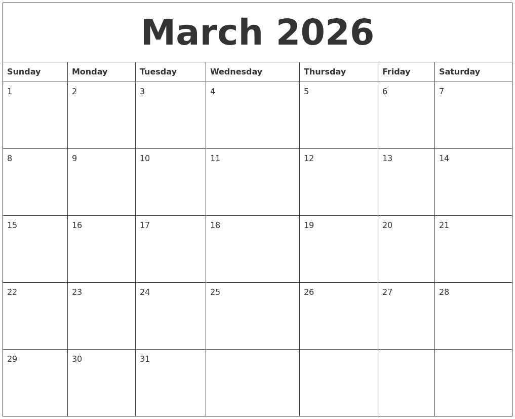 March 2026 Blank Monthly Calendar Template