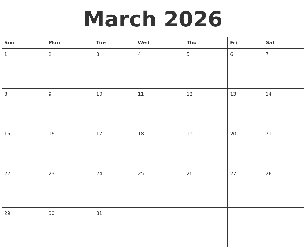 March 2026 Blank Monthly Calendar Template