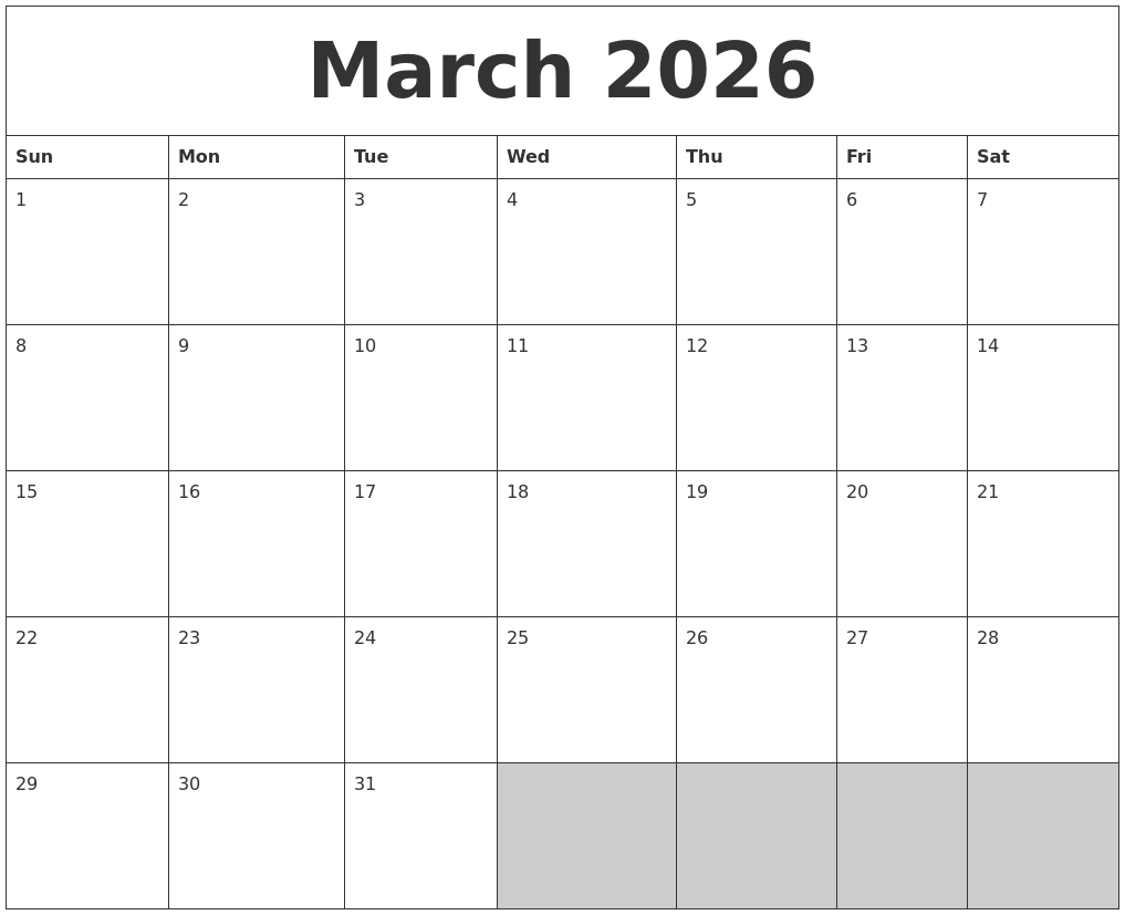March 2026 Blank Printable Calendar