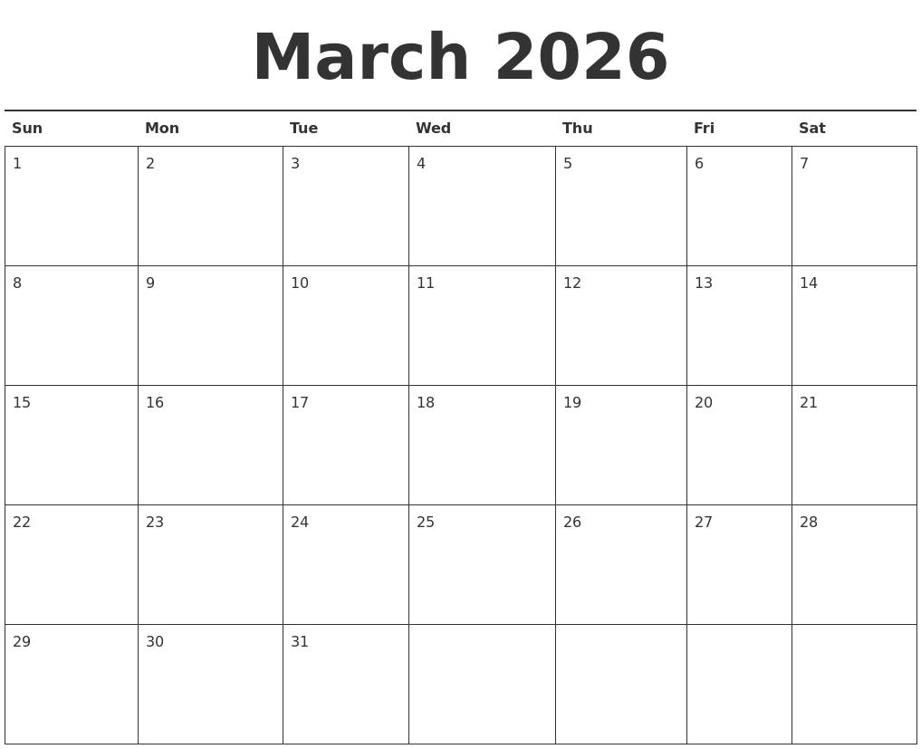 March 2026 Calendar Printable