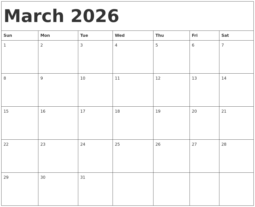 March 2026 Calendar Template