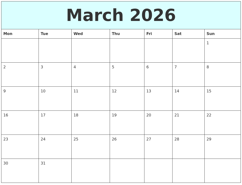 March 2026 Free Calendar March 2026 Free Calendar