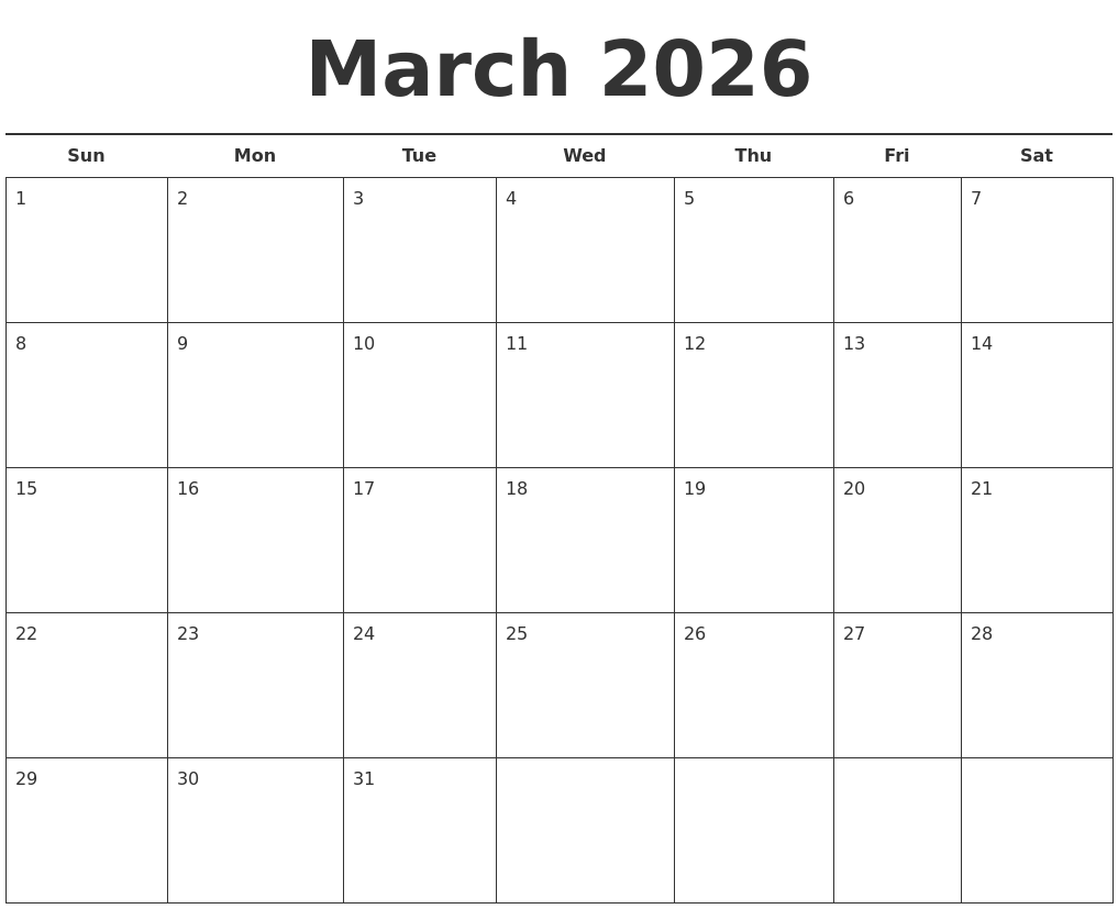 March 2026 Free Calendar Template