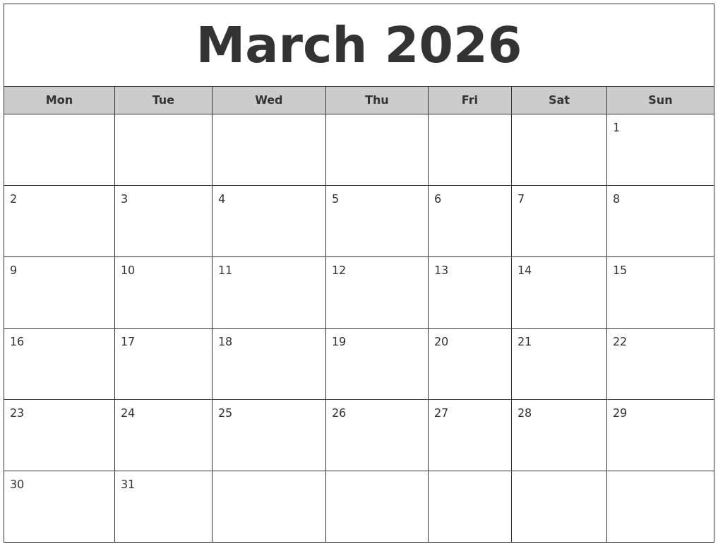 March 2026 Free Monthly Calendar