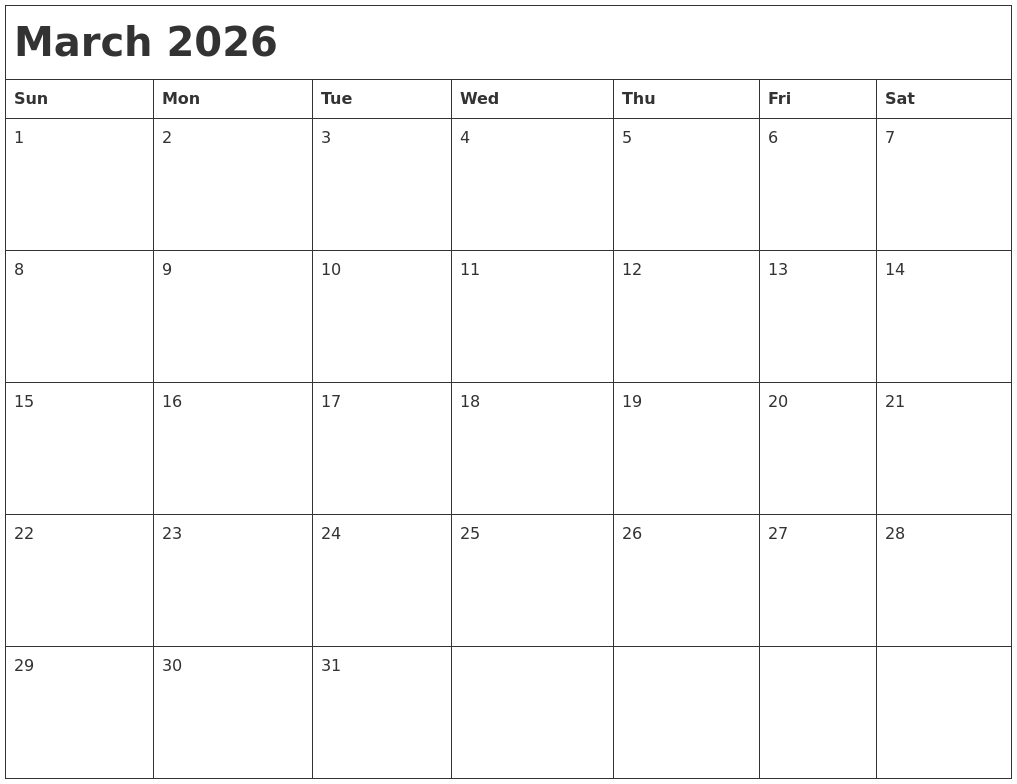 March 2026 Month Calendar