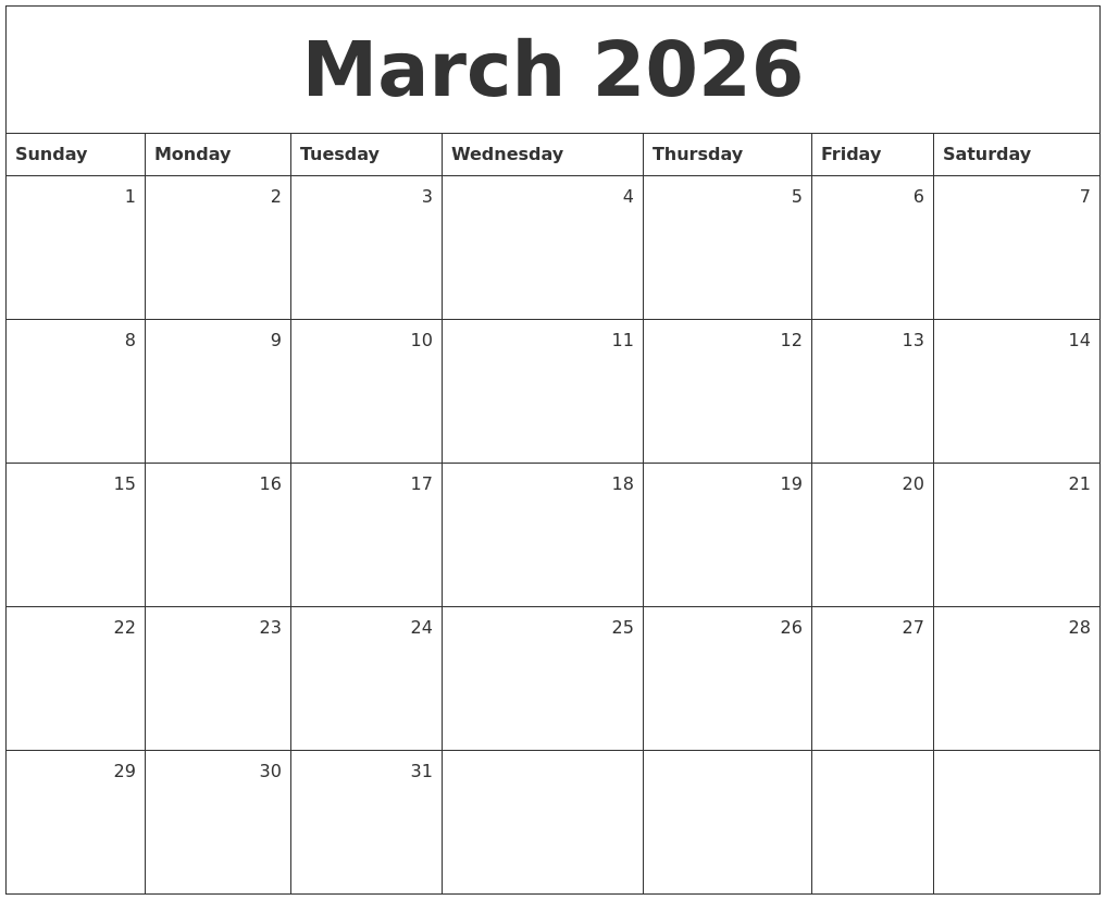 March 2026 Monthly Calendar