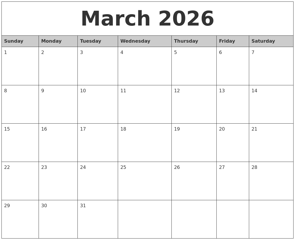 March 2026 Monthly Calendar Printable